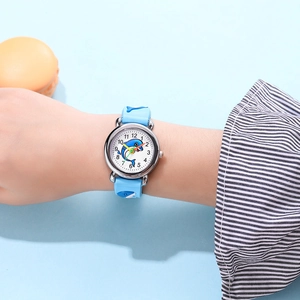 Kids quartz watch featuring blue dolphin pattern and colorful hands on a silicone strap