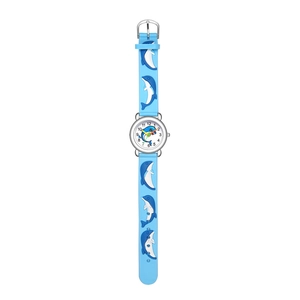 Close-up of children quartz watch with blue silicone dolphin strap and clear numeric dial