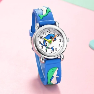 Kids quartz watch with blue silicone strap and 3D green dolphin patterns for boys and girls