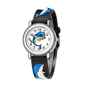 Detailed macro view of children's quartz watch featuring a cute blue dolphin dial design