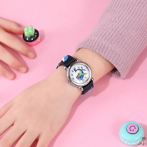 Detail of kids quartz watch with blue dolphin dial and colorful hands on child's wrist