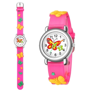 Close-up of pink silicone strap with 3D butterflies and clear butterfly dial for girls