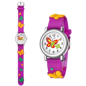 Detail view of purple silicone kids watch with 3D butterfly and star relief patterns