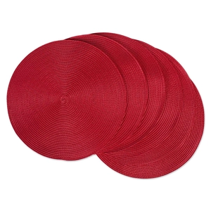 Detail of red circular woven placemats showing intricate heat-resistant texture in a 6-piece set