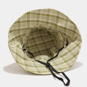 Cappello da sole a scacchi verdi e bianchi con cordino regolabile e tesa larga da donna