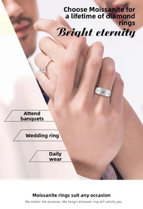 Close-up of 925 sterling silver moissanite couple rings worn on hand by man and woman