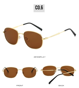 Three-angle views of vintage oval sunglasses with gold metal frames and brown lenses