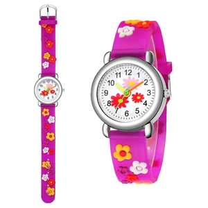 Purple 3D flower children's analog watch with embossed silicone strap and white dial