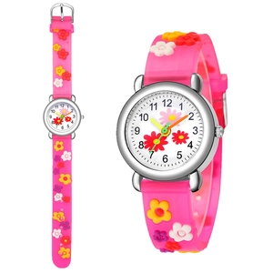 Kids quartz watch with pink 3D flower silicone strap and numeric analog dial