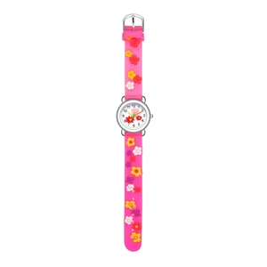 Detail of pink children watch with 3D embossed floral patterns and easy-read dial