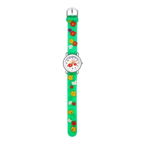 Close-up of kids quartz watch with green 3D floral silicone strap and white analog dial