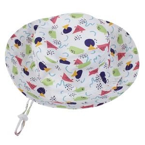 Detailed top view of kids sun hat with colorful graffiti prints and adjustable wind rope