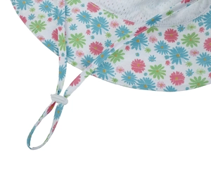 Detail of floral baby sun hat showing breathable mesh lining and adjustable chin strap cord
