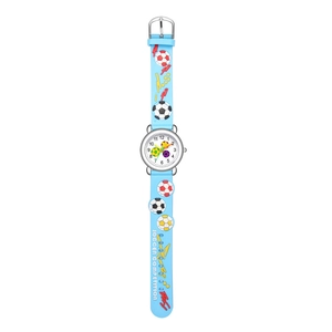 Detail of blue silicone watch strap featuring embossed 3D soccer patterns for kids