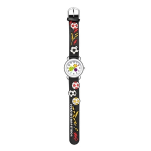 Macro detail of kids black sports watch with 3D soccer relief pattern on silicone strap