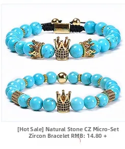 Detailed view of turquoise stone bracelets with micro-pave zircon crown charms