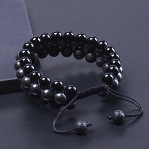 Triple-row adjustable natural black onyx and lava stone beaded bracelet for men and women