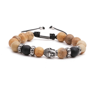 Bracciale intrecciato regolabile con testa di Buddha d'argento e perline di marmo