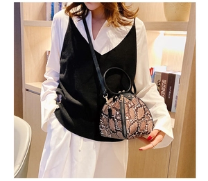 Fashionable leopard print triangle bag worn by model with gold hardware and black handle