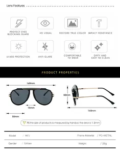 Detailed size chart for retro pilot sunglasses showing precise lens and frame dimensions
