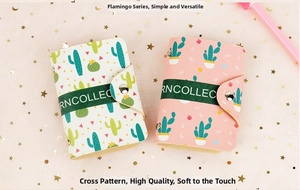 Detail of PU leather card holders with cactus patterns and button closure straps