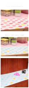 Close-up of moisture-proof drawer liners with colorful polka dot patterns for cabinets