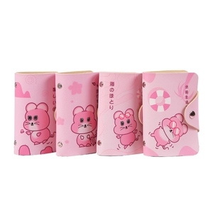 Pink cartoon PU leather card holder with hamster print and secure metal snap closure