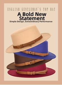 Flat top gentleman hats in beige, blue, brown, and burgundy with leather decorative bands