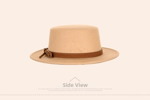 Side view of beige flat top wool fedora hat with brown leather band and knot detail