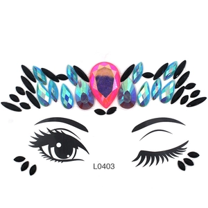 Detailed view of pink and blue teardrop face jewels with eye placement guide model L0403