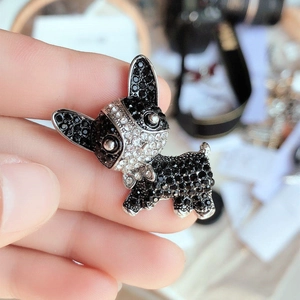 Sparkling French Bulldog brooch with black and white crystals for suits and coats