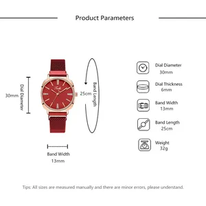 Guide des tailles montrant le cadran de 30mm et le bracelet en maille de montre quartz