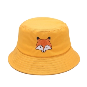 Chapeau bob en coton jaune vif avec broderie renard mignon et bord surpiqué pour femme