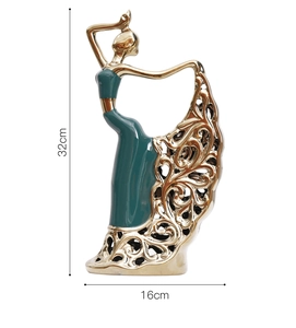 Detail of peacock dancer figurine with hollow scrollwork and dimensions 32cm height