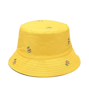 Unisex yellow cotton bucket hat with pineapple embroidery for summer sun protection