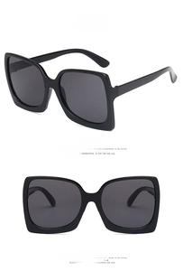 Detailed front and 45-degree side views of square oversized sunglasses in glossy black finish