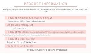 Specifications of 8pcs travel makeup brush set with fiber bristles and wood handles
