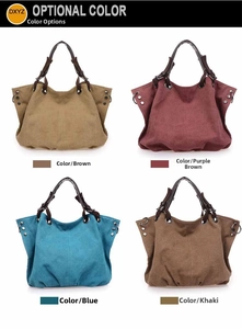 Collage of canvas tote bags in coffee, burgundy, blue, and khaki with leather handles