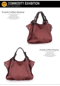 Detail view of large canvas tote bag in purple and coffee with leather handles and rivets