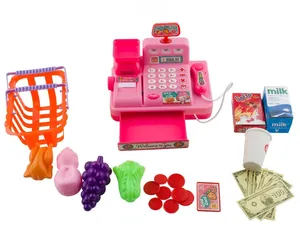 Detailed set of kids supermarket cash register toy with scanner and pretend groceries