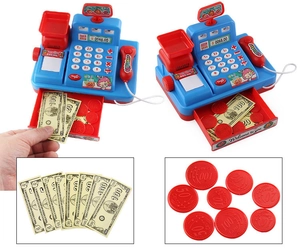 Detailed views of toy cash register set with play money, coins, and scanner gun