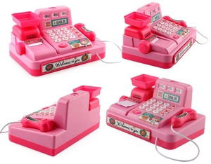 Detailed views of pink kids toy cash register with scanner and numeric keypad