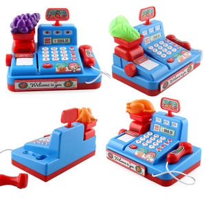 Blue and red kids supermarket cash register toy set with scanner and play food