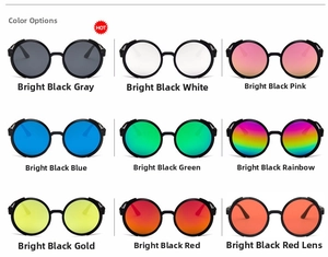 Nine color variations of retro steampunk round sunglasses with diverse mirrored lenses