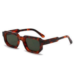 Retro tortoise shell square sunglasses with dark green lenses in 45-degree view