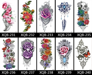 Detailed grid of temporary arm tattoos featuring rose, skull, and floral mandala designs