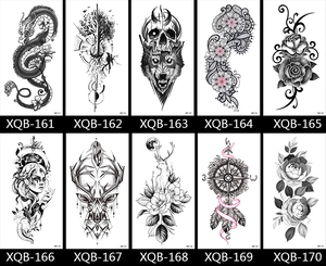 Detailed catalog showing 10 black and white full arm tattoo stickers with floral and animal motifs
