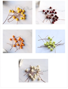 DIY 10mm artificial berries with wire stems in ginger, burgundy, orange, green, and matte white