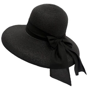 Elegant black straw sun hat for women with large brim and matching ribbon bow decoration