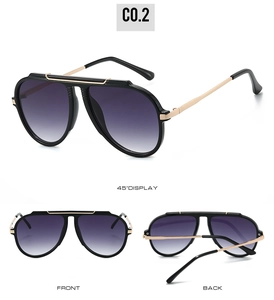 Three views of oversized aviator sunglasses with black frames and purple gradient lenses